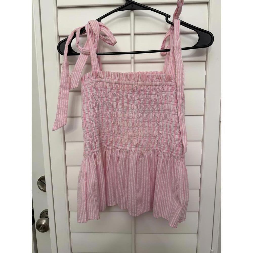 Lilly Pulitzer Rivera Smocked Striped Top in Havana Pink Seersucker stripe - Picture 4 of 6